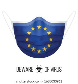 Medical Mask with National Flag of European Union as Icon on White. Protective Mask Virus and Flu. Surgery Concept of Health Care Problems and Fight Novel Coronavirus (2019-nCoV) in Form of EU flag