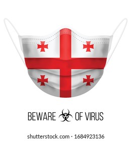 Medical Mask with National Flag of Georgia as Icon on White. Protective Mask Virus and Flu. Surgery Concept of Health Care Problems and Fight Novel Coronavirus (2019-nCoV) in Form of Georgian flag