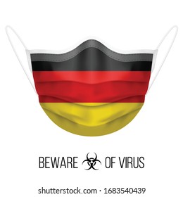 Medical Mask with National Flag of Germany as Icon on White. Protective Mask Virus and Flu. Surgery Concept of Health Care Problems and Fight Novel Coronavirus (2019-nCoV) in Form of German flag