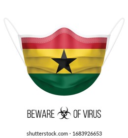 Medical Mask with National Flag of Ghana as Icon on White. Protective Mask Virus and Flu. Surgery Concept of Health Care Problems and Fight Novel Coronavirus (2019-nCoV) in Form of Ghanaian flag