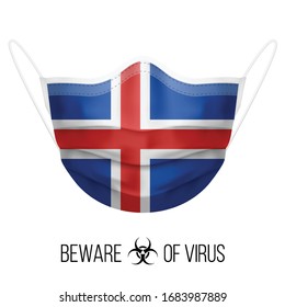 Medical Mask with National Flag of Iceland as Icon on White. Protective Mask Virus and Flu. Surgery Concept of Health Care Problems and Fight Novel Coronavirus (2019-nCoV) in Form of Icelandic flag