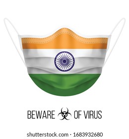 Medical Mask with National Flag of India as Icon on White. Protective Mask Virus and Flu. Surgery Concept of Health Care Problems and Fight Novel Coronavirus (2019-nCoV) in Form of Indian flag