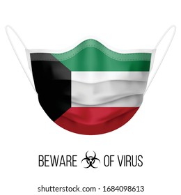 Medical Mask with National Flag of Kuwait as Icon on White. Protective Mask Virus and Flu. Surgery Concept of Health Care Problems and Fight Novel Coronavirus (2019-nCoV) in Form of Kuwaiti flag