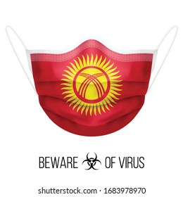 Medical Mask with National Flag of Kyrgyzstan as Icon on White. Protective Mask Virus and Flu. Surgery Concept of Health Care Problems and Fight Novel Coronavirus (2019-nCoV) in Form of Kyrgyz flag