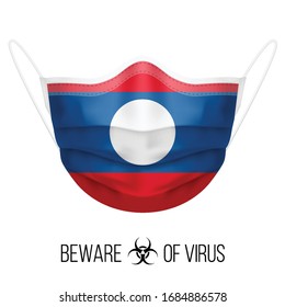 Medical Mask with National Flag of Laos as Icon on White. Protective Mask Virus and Flu. Surgery Concept of Health Care Problems and Fight Novel Coronavirus (2019-nCoV) in Form of Laotian flag