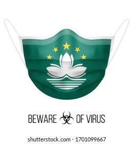 Medical Mask with National Flag of Macau. Protective Mask Virus and Flu. Surgery Concept of Health Care Problems and Fight Novel Coronavirus (2019-nCoV) in Form of flag design