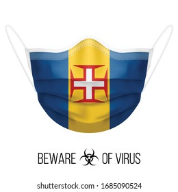 Medical Mask with National Flag of Madeira as Icon on White. Protective Mask Virus and Flu. Surgery Concept of Health Care Problems and Fight Novel Coronavirus (2019-nCoV) in Form of flag colors