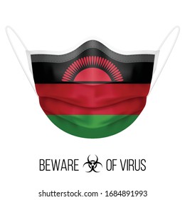 Medical Mask with National Flag of Malawi as Icon on White. Protective Mask Virus and Flu. Surgery Concept of Health Care Problems and Fight Novel Coronavirus (2019-nCoV) in Form of Malawian flag