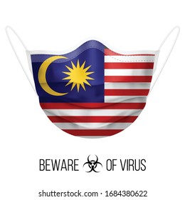 Medical Mask with National Flag of Malaysia as Icon on White. Protective Mask Virus and Flu. Surgery Concept of Health Care Problems and Fight Novel Coronavirus (2019-nCoV) in Form of Malaysian flag