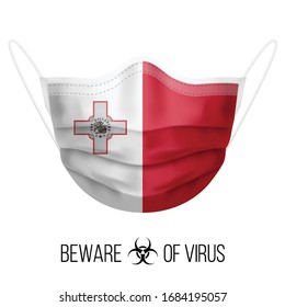 Medical Mask with National Flag of Malta as Icon on White. Protective Mask Virus and Flu. Surgery Concept of Health Care Problems and Fight Novel Coronavirus (2019-nCoV) in Form of Maltese flag