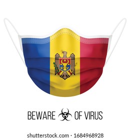 Medical Mask with National Flag of Moldova as Icon on White. Protective Mask Virus and Flu. Surgery Concept of Health Care Problems and Fight Novel Coronavirus (2019-nCoV) in Form of Moldovan flag