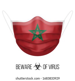 Medical Mask with National Flag of Morocco as Icon on White. Protective Mask Virus and Flu. Surgery Concept of Health Care Problems and Fight Novel Coronavirus (2019-nCoV) in Form of Moroccan flag