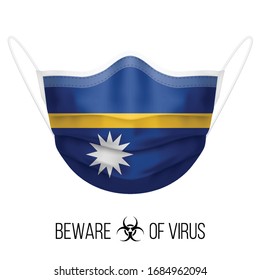 Medical Mask with National Flag of Nauru as Icon on White. Protective Mask Virus and Flu. Surgery Concept of Health Care Problems and Fight Novel Coronavirus (2019-nCoV) in Form of Nauruan flag