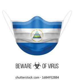 Medical Mask with National Flag of Nicaragua. Protective Mask Virus and Flu. Surgery Concept of Health Care Problems and Fight Novel Coronavirus (2019-nCoV) in Form of Nicaraguan flag