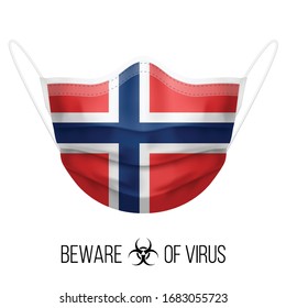 Medical Mask with National Flag of Norway as Icon on White. Protective Mask Virus and Flu. Surgery Concept of Health Care Problems and Fight Novel Coronavirus (2019-nCoV) in Form of Norwegian flag