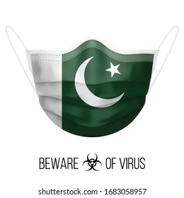 Medical Mask with National Flag of Pakistan as Icon on White. Protective Mask Virus and Flu. Surgery Concept of Health Care Problems and Fight Novel Coronavirus (2019-nCoV) in Form of Pakistani flag