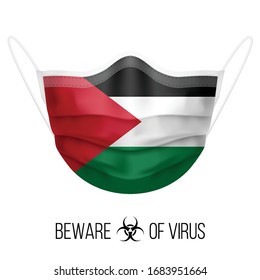 Medical Mask with National Flag of Palestine. Protective Mask Virus and Flu. Surgery Concept of Health Care Problems and Fight Novel Coronavirus (2019-nCoV) in Form of Palestinian flag