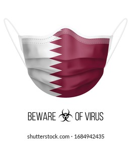 Medical Mask with National Flag of Qatar as Icon on White. Protective Mask Virus and Flu. Surgery Concept of Health Care Problems and Fight Novel Coronavirus (2019-nCoV) in Form of Qatari flag