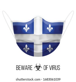 Medical Mask with National Flag of Quebec as Icon on White. Protective Mask Virus and Flu. Surgery Concept of Health Care Problems and Fight Novel Coronavirus (2019-nCoV) in Form of flag design