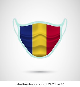 Medical Mask with National Flag of romania as Icon on White. Protective Mask Virus and Flu. Fight Coronavirus (2019-nCoV) in Form of flag design