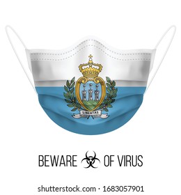 Medical Mask with National Flag of San Marino as Icon on White. Protective Mask Virus and Flu. Surgery Concept of Health Care Problems and Fight Novel Coronavirus (2019-nCoV) in Form of flag colors