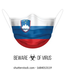Medical Mask with National Flag of Slovenia as Icon on White. Protective Mask Virus and Flu. Surgery Concept of Health Care Problems and Fight Novel Coronavirus (2019-nCoV) in Form of Slovene flag