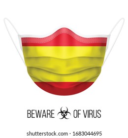 Medical Mask with National Flag of Spain as Icon on White. Protective Mask Virus and Flu. Surgery Concept of Health Care Problems and Fight Novel Coronavirus (2019-nCoV) in Form of Spanish flag