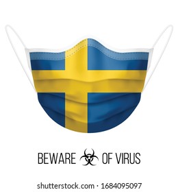 Medical Mask with National Flag of Sweden as Icon on White. Protective Mask Virus and Flu. Surgery Concept of Health Care Problems and Fight Novel Coronavirus (2019-nCoV) in Form of Swedish flag