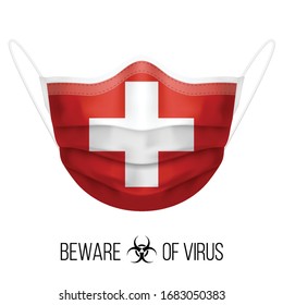 Medical Mask with National Flag of Switzerland as Icon on White. Protective Mask Virus and Flu. Surgery Concept of Health Care Problems and Fight Novel Coronavirus (2019-nCoV) in Form of Swiss flag