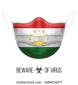 Medical Mask with National Flag of Tajikistan as Icon on White. Protective Mask Virus and Flu. Surgery Concept of Health Care Problems and Fight Novel Coronavirus (2019-nCoV) in Form of Tajik flag
