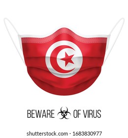 Medical Mask with National Flag of Tunisia as Icon on White. Protective Mask Virus and Flu. Surgery Concept of Health Care Problems and Fight Novel Coronavirus (2019-nCoV) in Form of Tunisian flag