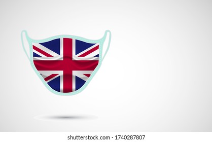 Medical Mask with National Flag of United Kingdom as Icon on White. Protective Mask Virus and Flu. Fight Coronavirus (2019-nCoV) in Form of flag design