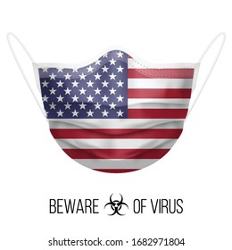 Medical Mask with National Flag of USA as Icon on White. Protective Mask Virus and Flu. Surgery Concept of Health Care Problems and Fight Novel Coronavirus (2019-nCoV) in form of American Flag