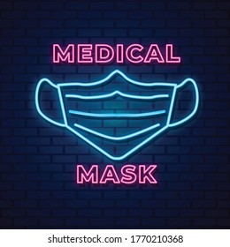 Medical mask neon sign, design element, light banner, announcement neon signboard.