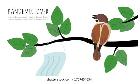Medical mask on a branch with leaves and a bird. The concept of trash after a pandemic, environmental pollution with disposable virus protection.
