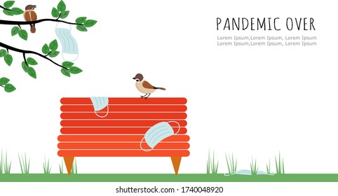 Medical mask on a branch with leaves and a bird. On the bench is a sparrow and disposable masks used. The concept of trash after a pandemic, environmental pollution with disposable virus protection.