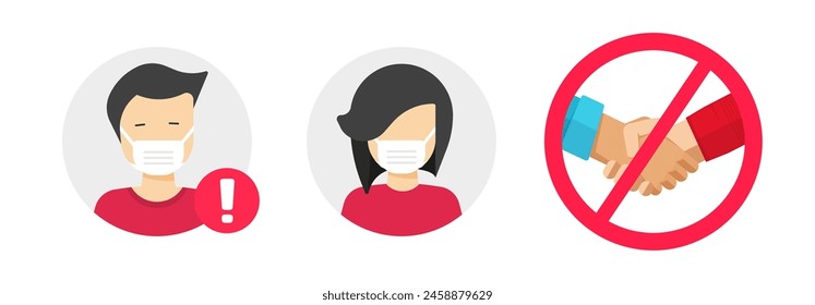 Medical mask on face flat cartoon icon vector graphic illustration set, no handshake red sign symbol, man woman person wear facial doctor surgical mouth cover virus prevention facemask image clip art