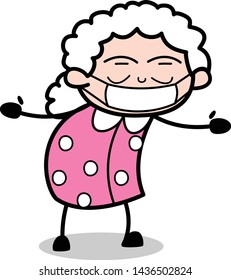 Medical Mask on Face - Old Woman Cartoon Granny Vector Illustration