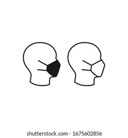 Medical Mask On Human Head Profile Black Isolated Vector Icon.