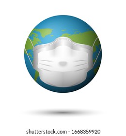 Medical mask on planet earth, disease or pollution concept, vector illustration