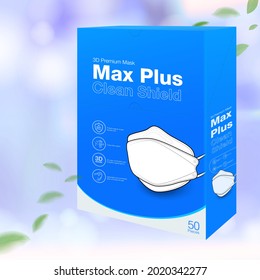 Medical mask packaging box 3D designs, size 50 pieces, on a blurry blue background.Realistic file.