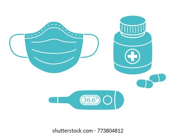 Medical mask, pill bottle and digital thermometer icons.