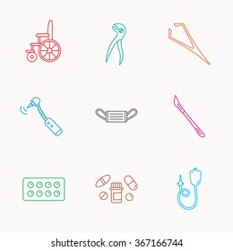 Medical mask, pills and dental pliers icons. Tablets, drilling tool and wheelchair linear signs. Enema, scalpel and tweezers flat line icons. Linear colored icons.