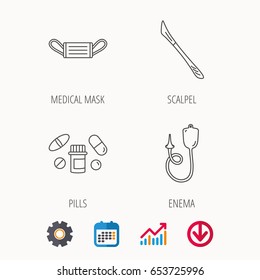 Medical mask, pills and scalpel icons. Enema linear sign. Calendar, Graph chart and Cogwheel signs. Download colored web icon. Vector