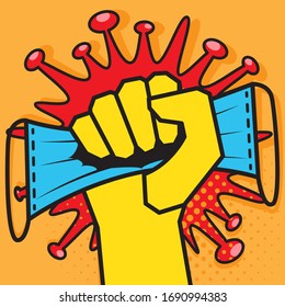 Medical mask is pinched in raised fist against background of coronavirus bacteria cell. Medical face mask that protects airborne diseases. Prevention of influenza epidemic, coronavirus