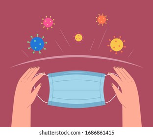 Medical mask to protect people from viruses and coronavirus. Self-protection against COVID-19, including wearing face masks. Medical disease protection concept. Vector flat illustration.
