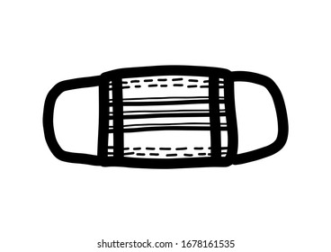 Medical mask for protection against diseases in hand drawn doodle style isolated on white background.Vector outline illustration with pharmaceutical mask.Sign of doctors in Pandemic quarantine period.