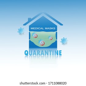 Medical mask, Medical protective masks  and self isolation concept. Young girl working from home during Covid-19. All stay at home. Self-isolate from a pandemic.