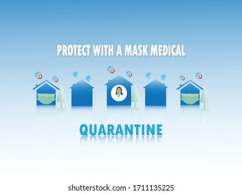 Medical mask, Medical protective masks  and self isolation concept. Young girl working from home during Covid-19. All stay at home. Self-isolate from a pandemic.
