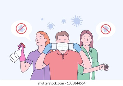 A medical mask protects against the spread of coronavirus COVID-19. Stop Coronavirus COVID-19 concept. Concept of coronavirus quarantine vector illustration. Family in medical face mask. 